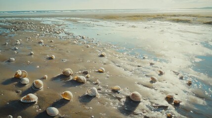 A poignant view of Omaha Beach with scattered seashells glistening in the sunlight, the vast expanse of sand meeting the deep blue of the English Channel.
