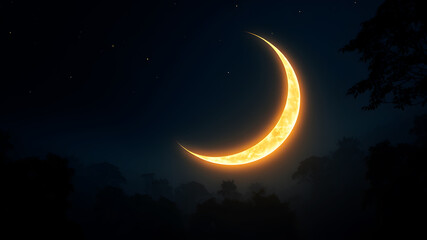 Abstract crescent moon and stars glowing softly on a gradient background of deep blue and gold