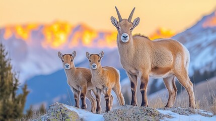 Obraz premium Three markhor goats on a mountain top at sunrise.