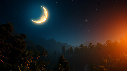 Abstract crescent moon and stars glowing softly on a gradient background of deep blue and gold