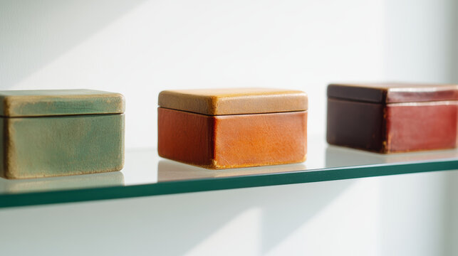 Three colorful vintage snuffboxes are neatly arranged on a clear glass shelf, illuminated by bright natural light, creating a minimalist and nostalgic display