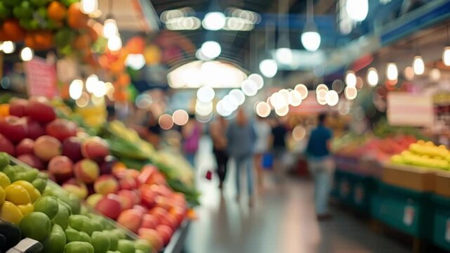 Defocused view of a bustling indoor farmers market with hints of colorful fruits and vegetables peeking through.