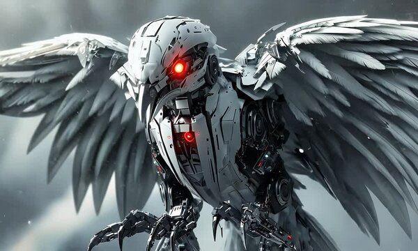 Cyborg hawk with red eyes, roboter bird