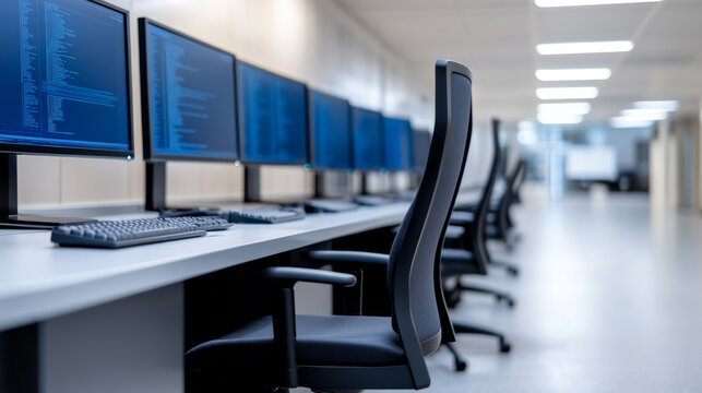 Military command center interior showing darkened computer screens, digital interface panels, vacant workstations with keyboards positioned for monitoring operations