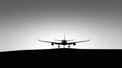 Silhouette of an airplane landing against a gradient sky showcasing transportation and aviation themes in a minimalist style