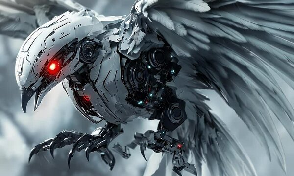 Cyborg hawk with red eyes, roboter bird