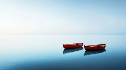 Minimalist wide-angle composition featuring identical red rowboats floating parallel on tranquil lake surface with sparse landscape backdrop