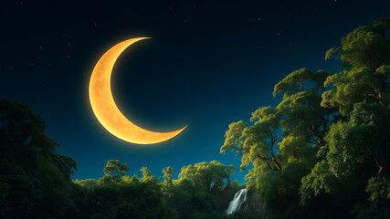Naklejka premium Abstract crescent moon and stars glowing softly on a gradient background of deep blue and gold