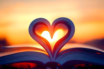 Book pages forming a heart shape against a stunning sunrise backdrop, symbolizing love and romance.