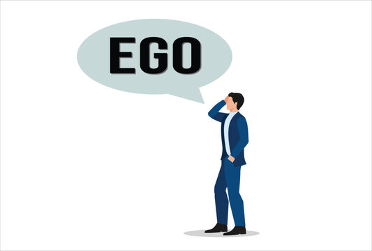 Big ego, overconfident boss, self-important mistake concept, overconfident businessman with big EGO bubble.