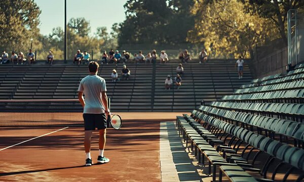 tennis player man walking to side red saibro tennis court bleachers full of people