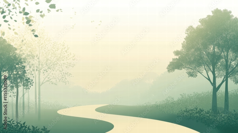 Poster minimalist forest path invites exploration through serene natural surroundings and soft colors. gene