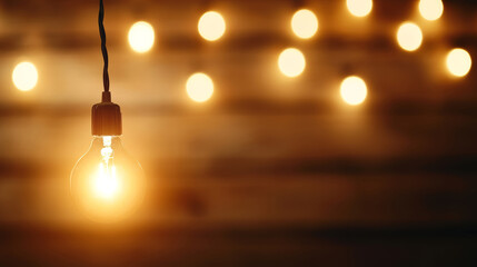 Glowing light bulb hangs in the foreground, with a string of bokeh lights in the background against a wooden wall