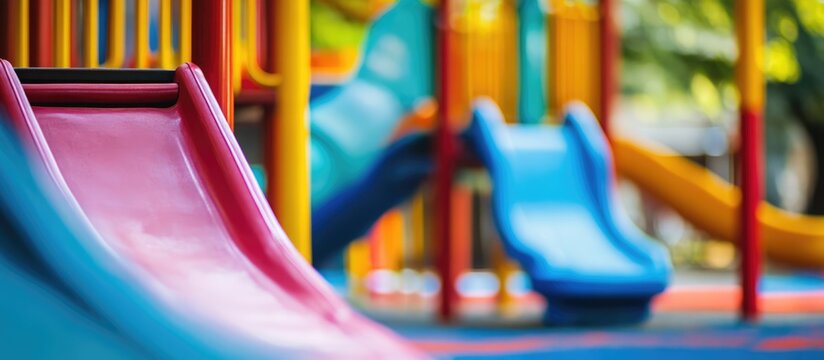 Colorful playground equipment in soft focus background perfect for children's activity marketing and family-friendly promotions