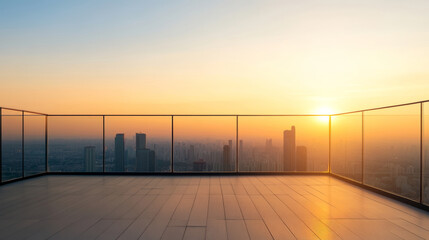 Obraz na płótnie Canvas Panoramic view of empty rooftop with glass railing overlooking cityscape at sunset, creating a serene and minimalist atmosphere