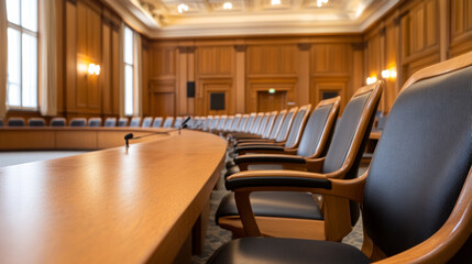 Minimalist wide-angle interior showing empty municipal council chamber, featuring sleek chairs surrounding prominent wooden podium