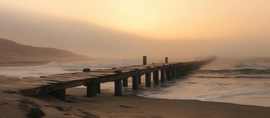Misty Sunset Over Skeleton Coast Jetty with Distant Shoreline and Ocean Waves