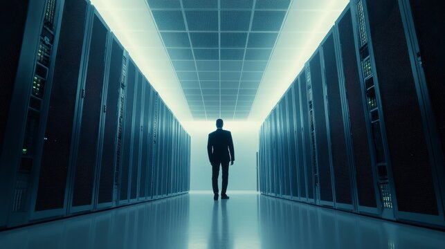 A solitary figure walks through a dimly lit corridor surrounded by server racks in a modern data center, highlighting technology and digital infrastructure in a futuristic environment.