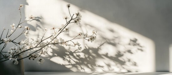 Softly blurred shadows of delicate flowers on a light wall creating a serene and cozy atmosphere in a modern home interior
