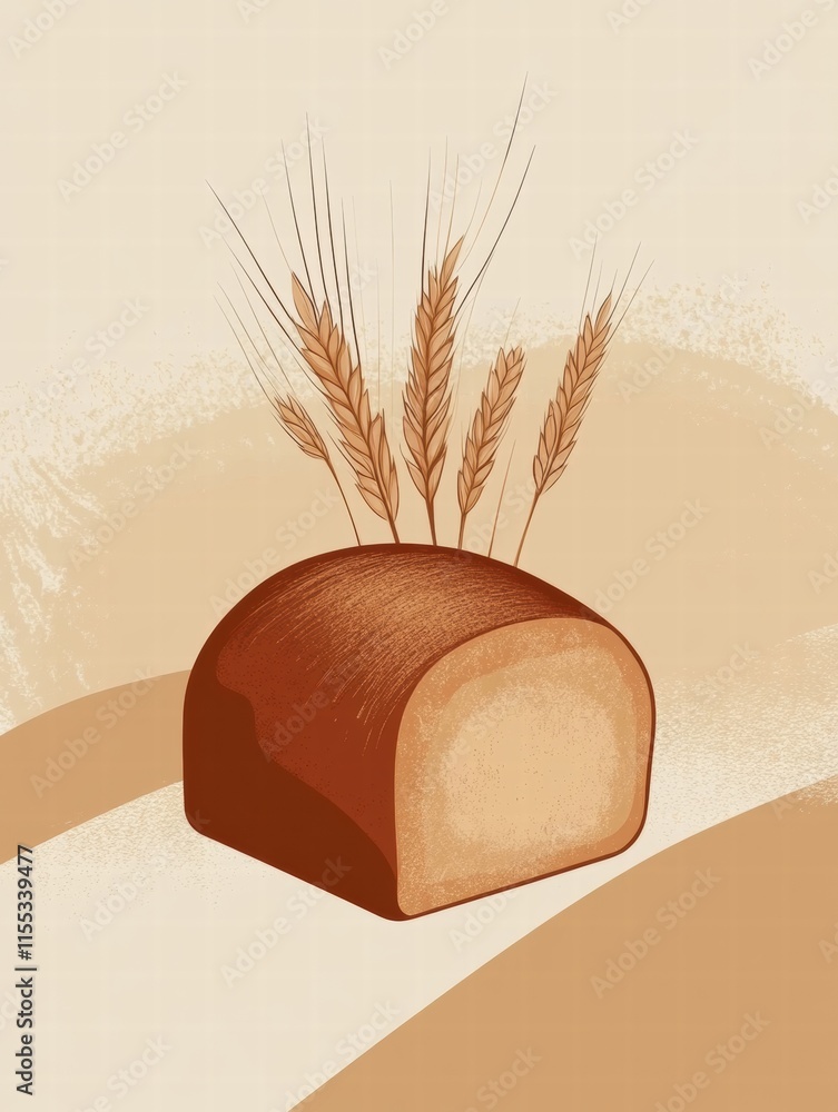 Leinwandbilder minimalist bread loaf set on a warm backdrop with wheat grains gently emerging, inviting space for t