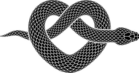 Vector tattoo design of snake knotted in form of heart symbol. Isolated illustration of black serpent silhouette.