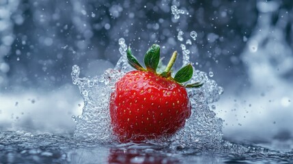Fresh strawberry splashing in water with droplets against a blurred background for vibrant visual appeal and refreshing summer imagery