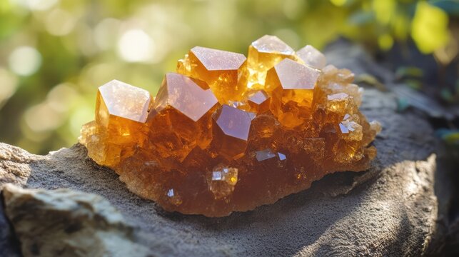 Beautiful amber-colored siderite mineral cluster on a natural wooden background with soft sunlight highlighting the crystal details.