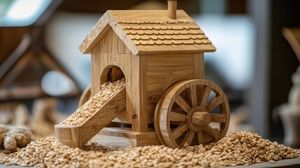 miniature wooden grain mill model with oats on display in a cozy setting