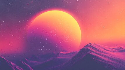 Obraz premium Vibrant Digital Painting: Retro-Futuristic Sunset Over Gently Rolling Hills. AI Generated