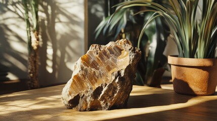 Siderite Mineral Stone Displayed in a Natural Light Setting with Greenery Background