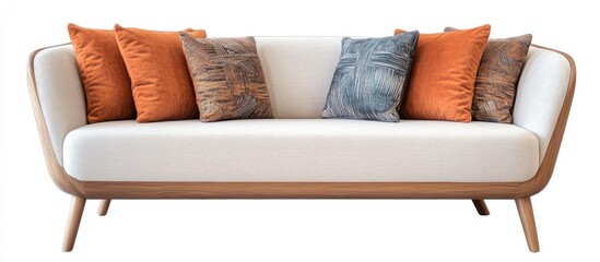 Minimalist modern sofa with clean lines and textured pillows against a white background perfect for interior design presentations and mockups