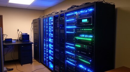 High-tech server room featuring multiple network servers with illuminated LED lights in a professional office environment, showcasing advanced technology and efficient data management.