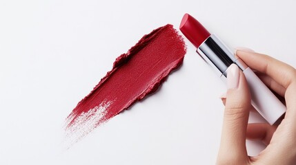 A vibrant red lipstick is being applied alongside a swatch of the same color, showcasing its bold hue and creamy texture on a clean white background.
