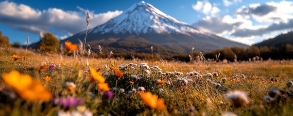 Wildflowers blooming in a meadow with majestic volcano in background