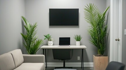 A spacious living room featuring a desk and a television set