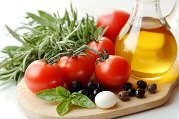 Tomatoes, black olives, mozzarella cheese, rosemary and olive oil creating a mediterranean diet on wooden cutting board