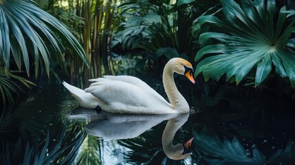 Elegant white swan gliding on serene pond showcasing perfect reflection and lush tropical garden with vibrant palm trees