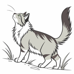 A captivating vector illustration of a Norwegian Forest Cat, poised and alert as it watches for prey, showcasing the beauty of this majestic feline in a natural setting.