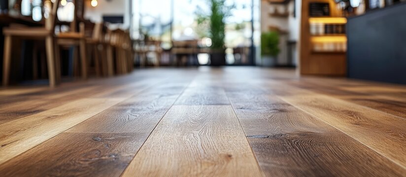 Cozy coffee shop interior featuring softly blurred wooden plank flooring and ambient lighting ideal for warm and inviting atmosphere designs