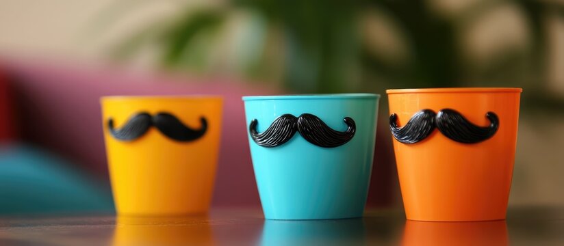 Colorful plastic cups with moustache designs for quirky party decoration or fun-themed events.