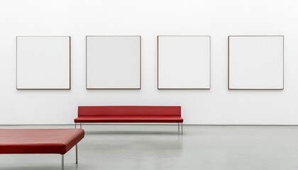 Elegant gallery with four empty frames on white walls, a crimson bench for viewing comfort.