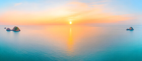 Golden sunrise over serene ocean coastal landscape tranquil environment panoramic view nature's beauty peaceful concept