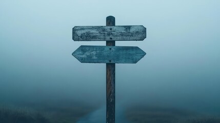 Mysterious signpost in fog indicating directions with weathered wood in a tranquil landscape environment