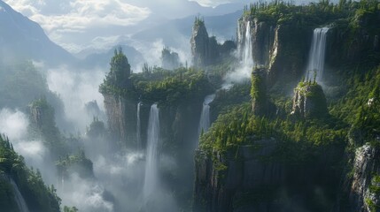 Majestic waterfalls cascading through rocky cliffs in a lush forest landscape surrounded by mist and dramatic mountain scenery.