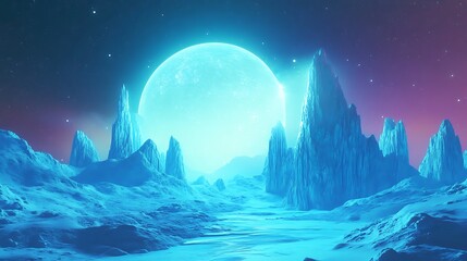 Fototapeta premium Ethereal Digital Painting: Glowing Moon Illuminates Icy Alien Landscape. AI Generated
