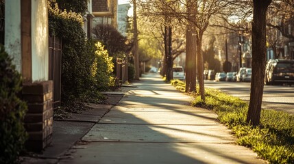 Sunlit Sidewalk in Urban Setting with Fresh Greenery and Empty Pathway on a Clear Day
