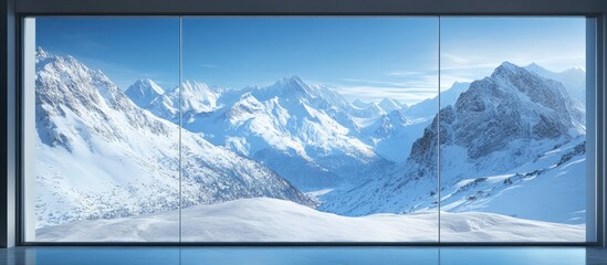 Snowy mountain range visible through a modern glass window highlighting a serene winter landscape in bright natural light