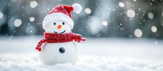 Fototapeta premium Festive snowman in winter scene surrounded by snowfall creating a charming and joyful Christmas atmosphere