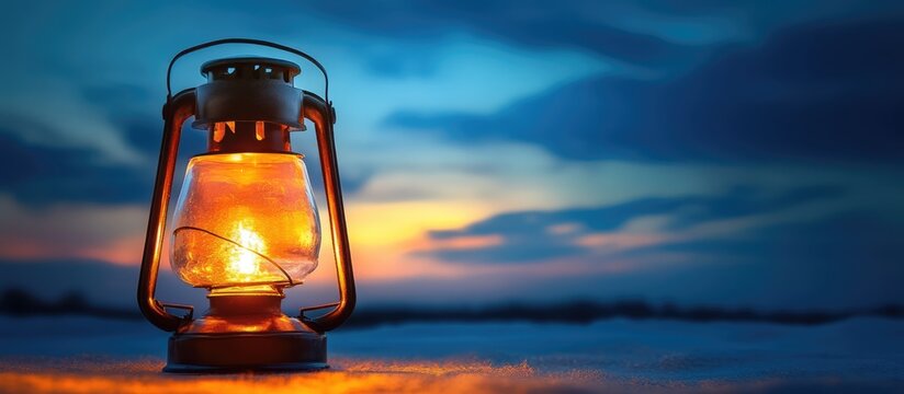 Vintage lantern glowing at sunset with a dramatic blue sky in the background creating a serene and nostalgic atmosphere