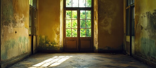 Obraz premium Spacious interior of an abandoned house with natural light highlighting potential for renovation and design inspiration.